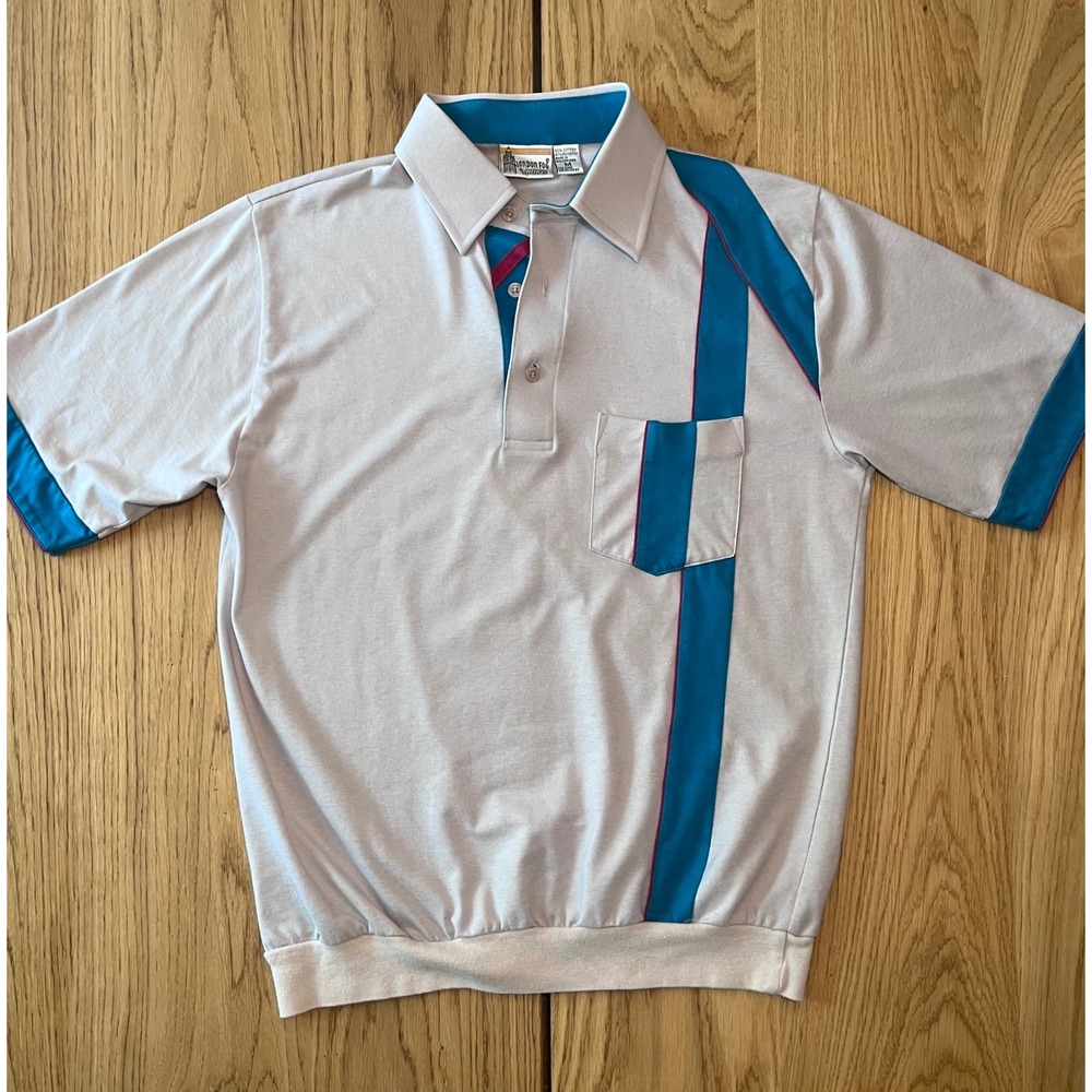 London Fog Vintage Polo Shirt Gray Teal 1980s Retro Colorblock Size Medium